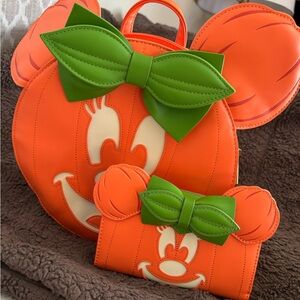 Loungefly Orange and Green Pumpkin Backpack and Wallet Set